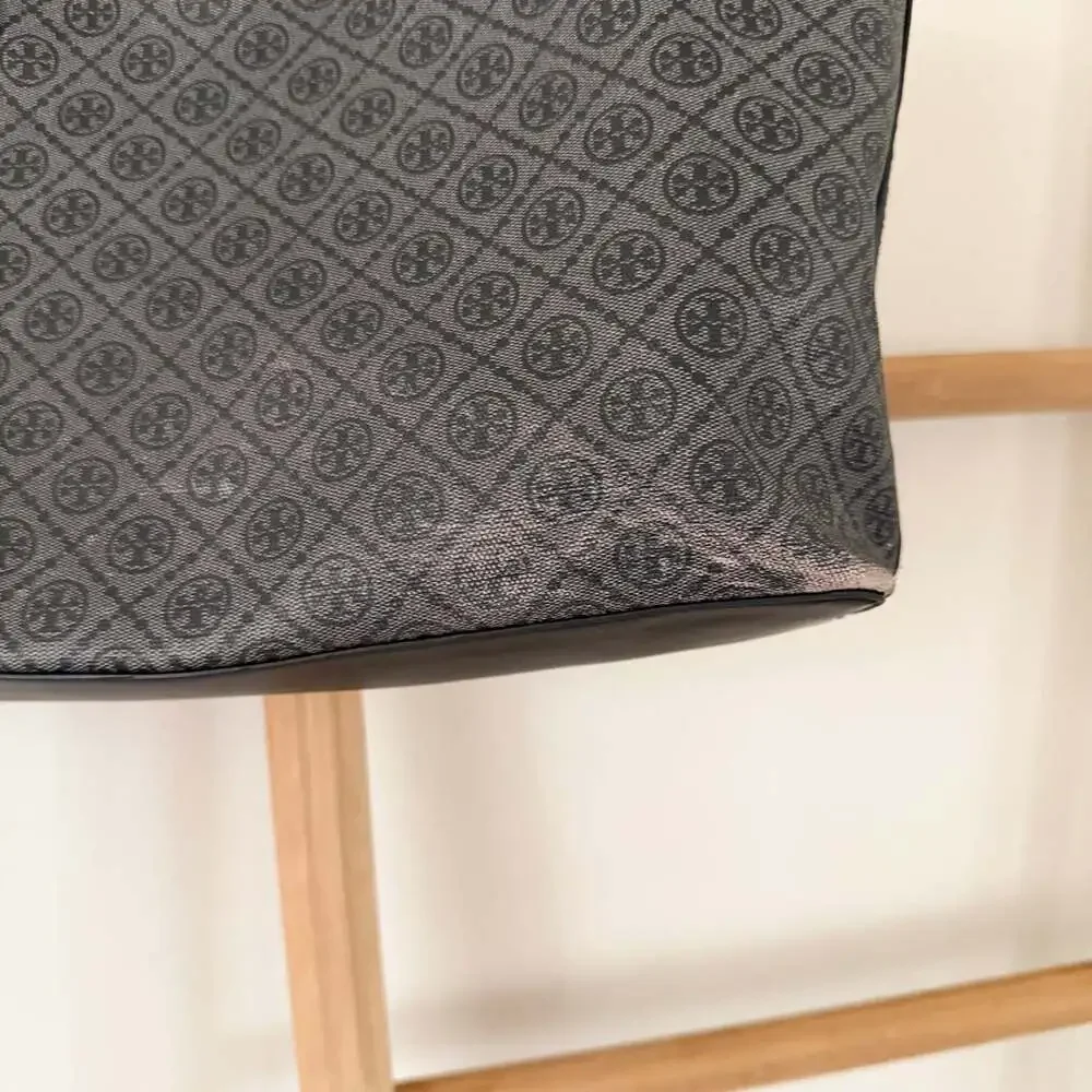 Tory Burch T Monogram Coated Canvas Large Tote Shopper Bag Gray Black Leather